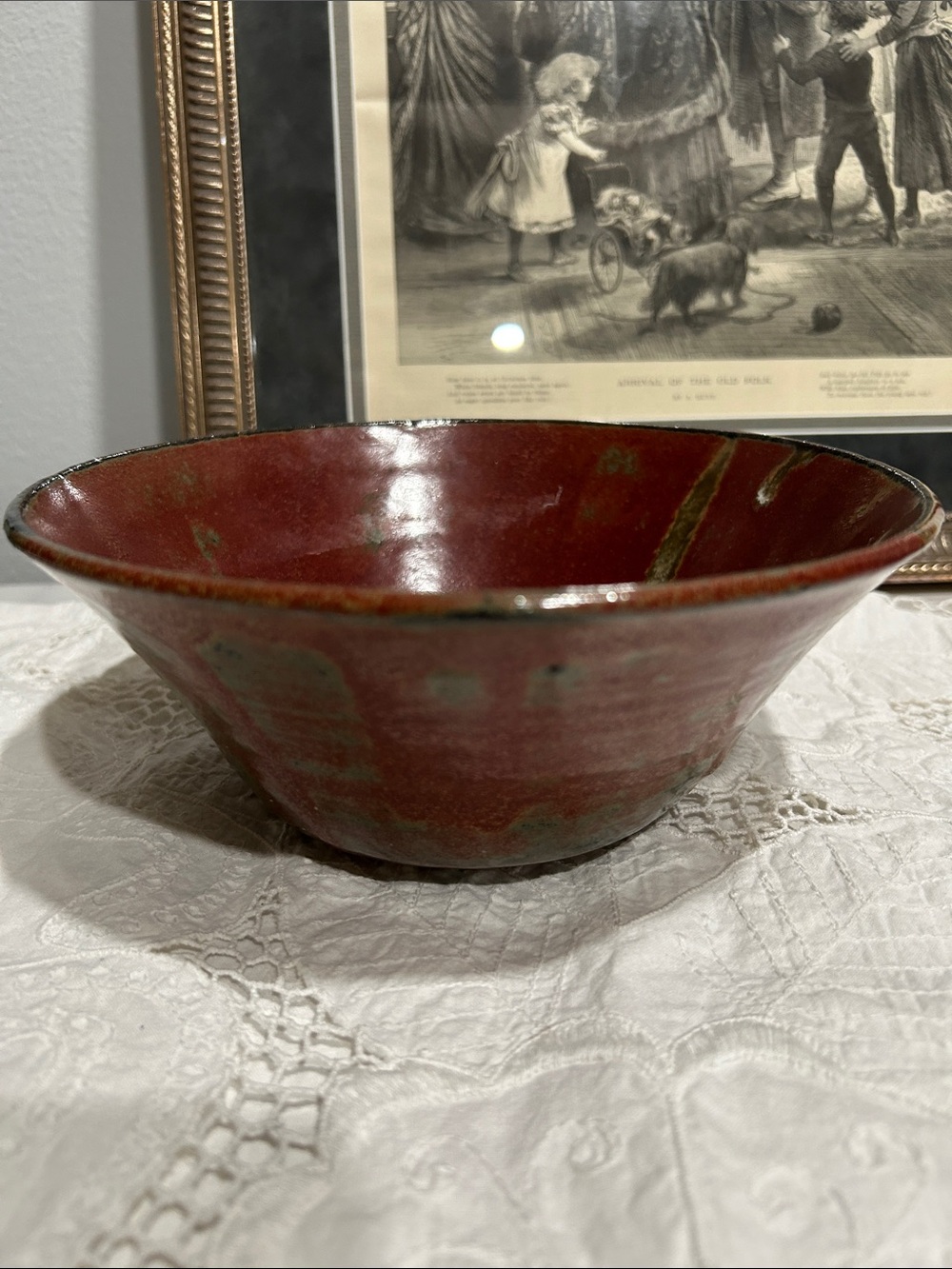 Artisan Red Ceramic Decorative Bowl with Green Patina 1970-1990